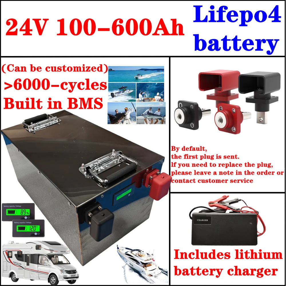 

Аккумулятор LiFePO4 24В 100Ач 150Ач 200Ач 300Ач 400Ач 500Ач 600Ач перезаряжаемый для солнечных систем 2000Вт, ИБП, троллинговых моторов, автодомов, лодок