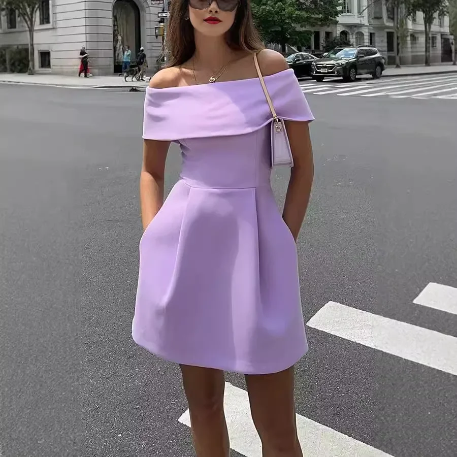 

2024 Autumn Elegant Solid Off Shoulder Strapless Party Dress Women Slash Neck Sleeveless Backless Slim Casual Street Club Robe