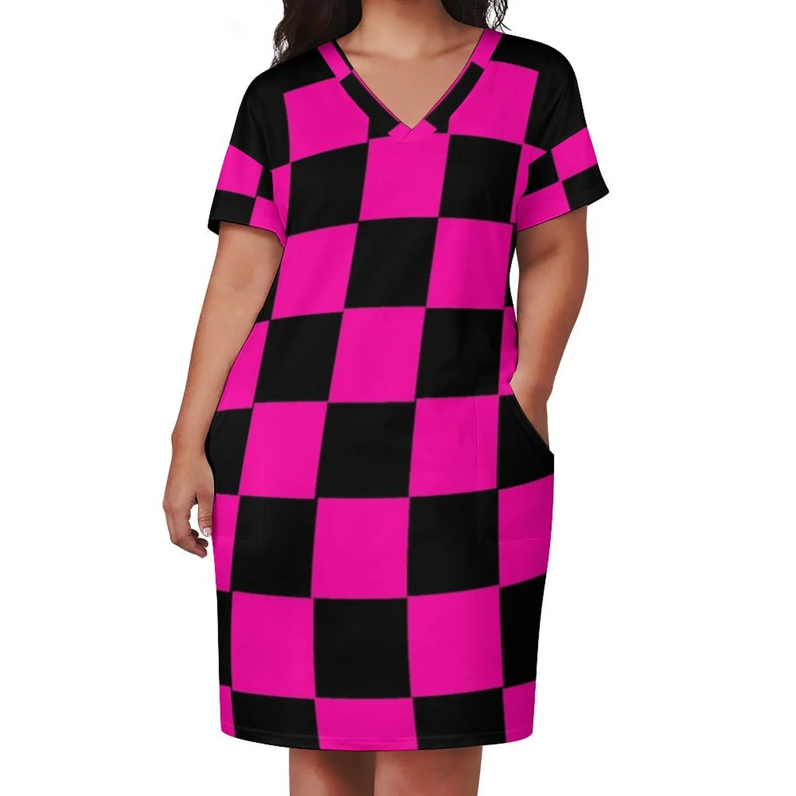 pink and black checkerboard pattern Loose Pocket Dress dress for women purple dress