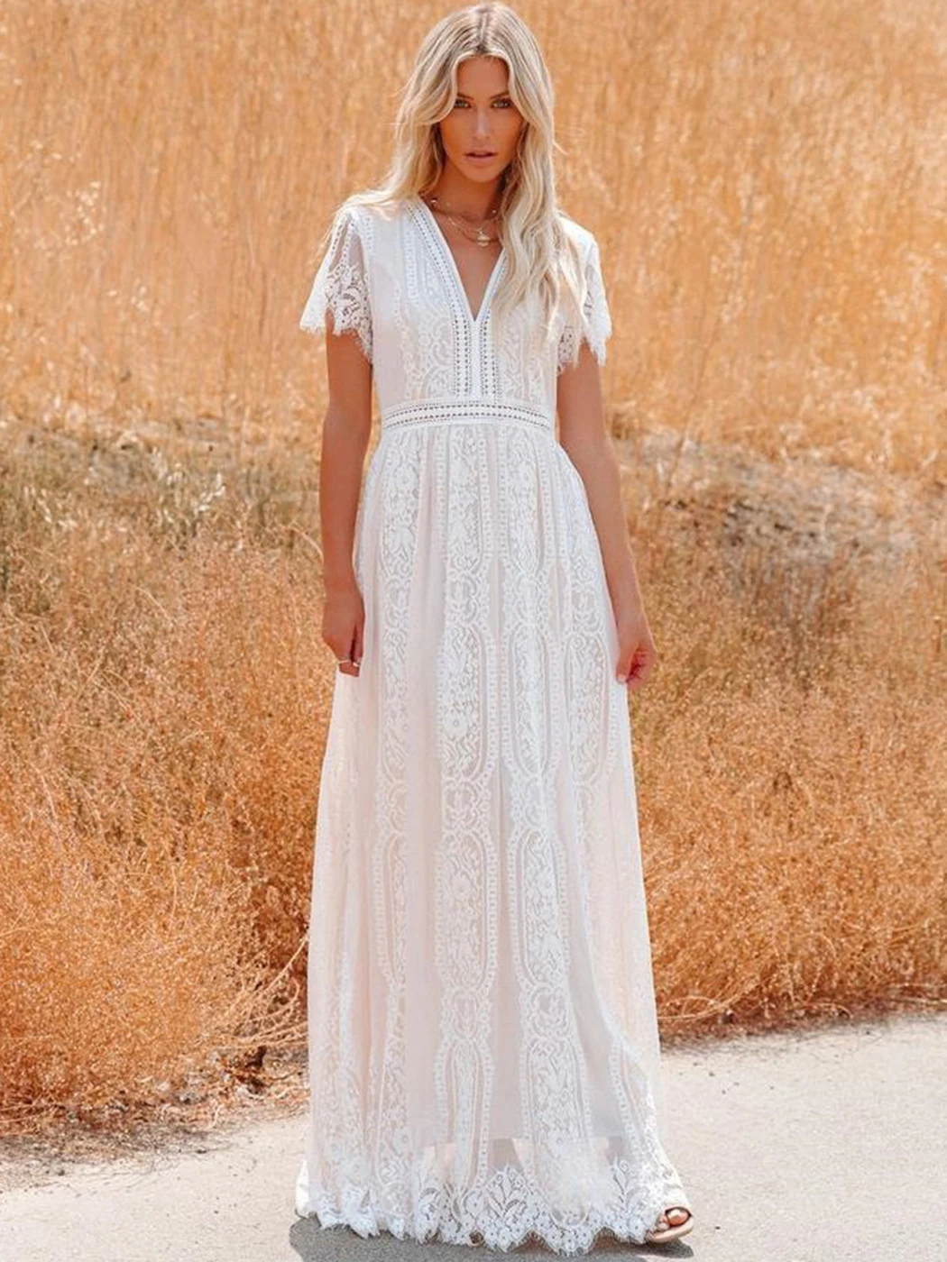 Jastie 2022 Boho Lace Maxi Dress Women Hollow V Neck Chic Short Sleeve Loose Hem Summer Vestidos Solid Elegant Holiday Dresses