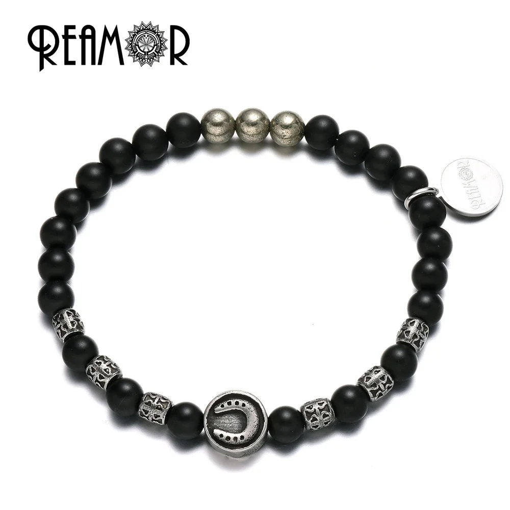 REAMOR Stainless Steel Horseshoe&Rudder&Cross beads with Natural Black Onyx&Iron Pyrite bead Stretch Bracelet for Men Jewelry