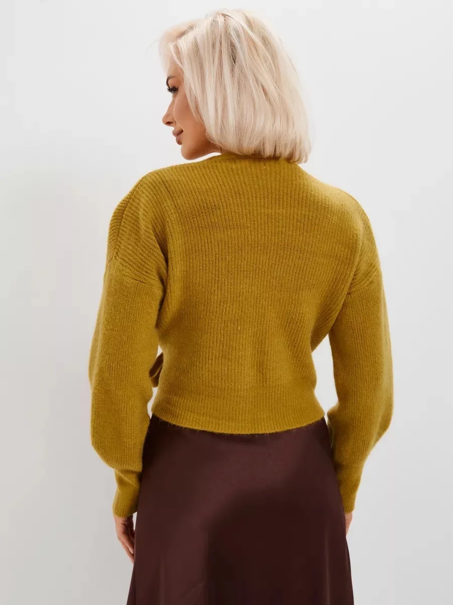 Suéter de punto de viento suave para mujer, abrigo con lazo, manga larga, holgado, versátil, a la moda, Top con cuello tipo Polo sin mangas