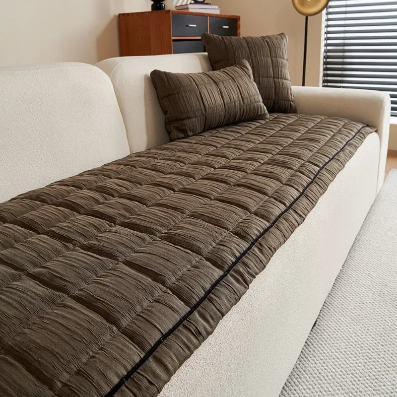 Light Luxury Pleated Fabric Sofa Cushion Solid Color All Season Use Non Slip Couch Cover One Piece Premium Sofa Protect Covers