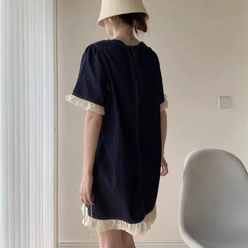 Short Sleeve Lace Denim Dresses Summer Korean Female Clothing Design Stylish Folds Spliced Loose Vintage Straight Mini Dress