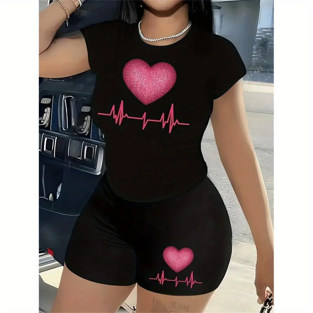 

Fashionable trend printed ladies short-sleeved T-shirt suit fashionable ladies fashion casual suit