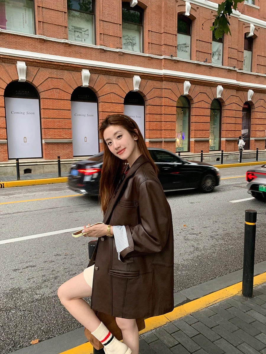 

MUKOK Retro Women's Leather Jaet Loose BF Sle Slimming Coat Long Sve Suit Collar Mid-Length Pure Color PU Coat