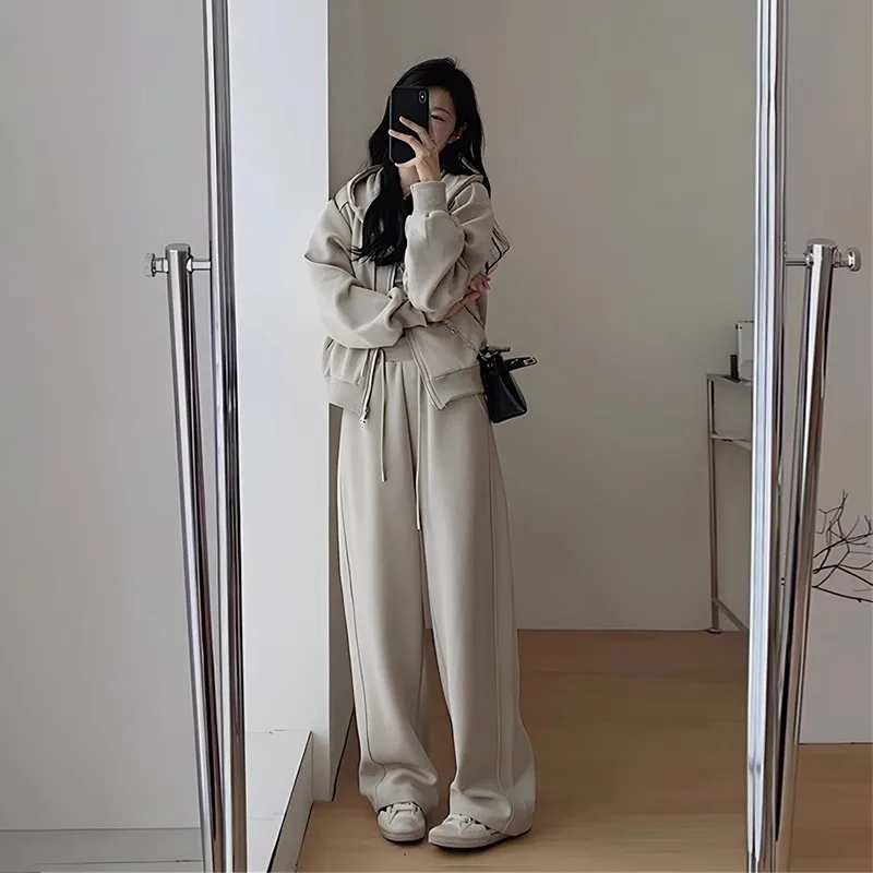 

Women Tracksuit Hoodie Wide Leg Pants Suit Autumn 2 Piece Sets Hooded Coat Trousers Lace Up Sportswear Casual Sporty Ensemble