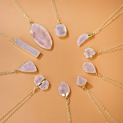 New Rose Quartzs Pendant Necklaces Rectangular Round Rose Quartzs Charm Necklace 18K Gold Color Plated Chain Necklace for Women