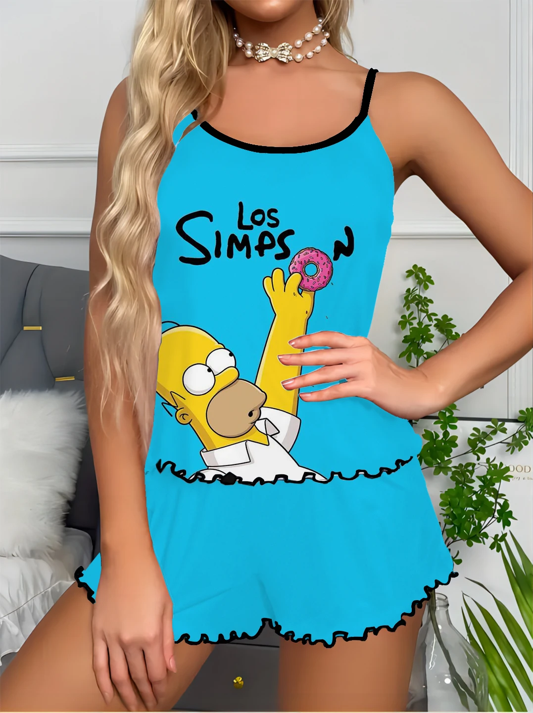 Disney Simpsons Print Women Sexy Suspender Pajama Set Fashionable and Comfortable Birthday Cosplay Satin Women's Set