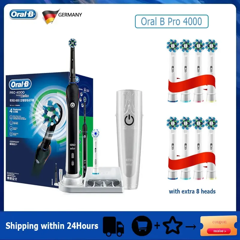 מברשת שיניים חשמלית Oral B Pro 4000 3D פעולה יומית לניקוי שיניים חיישן לחץ נראה 4 מצבים טיפוח חניכיים עמיד למים נטען