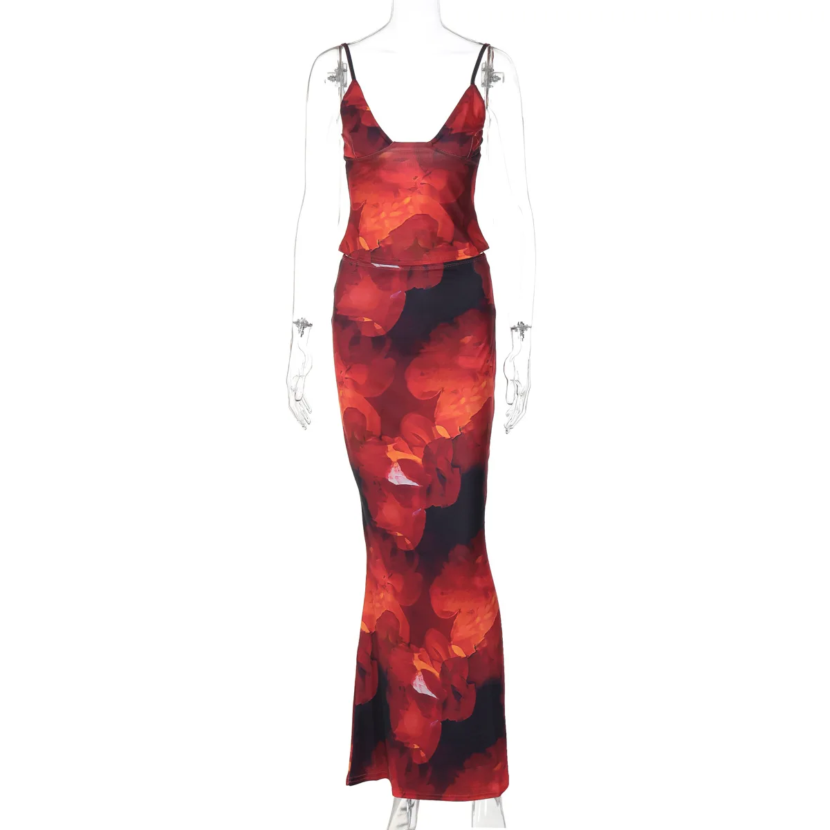 

Women's Summer Outfit Slim Fit Stylish Flower Print Camisole Tops and Long Skirt 2 Pcs Set