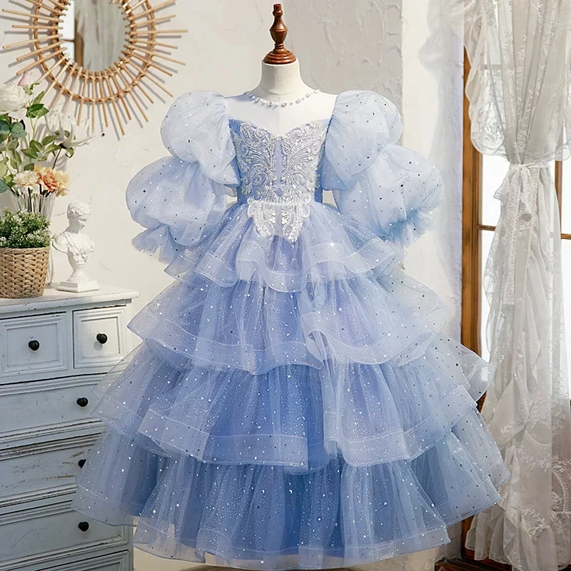 Vestido de Dama de Honra Azul Claro com Brilho e Tule para Meninas, Verão 2026, com Manga Bufante, Bordado e Saia em Camadas, para Festa de Casamento,