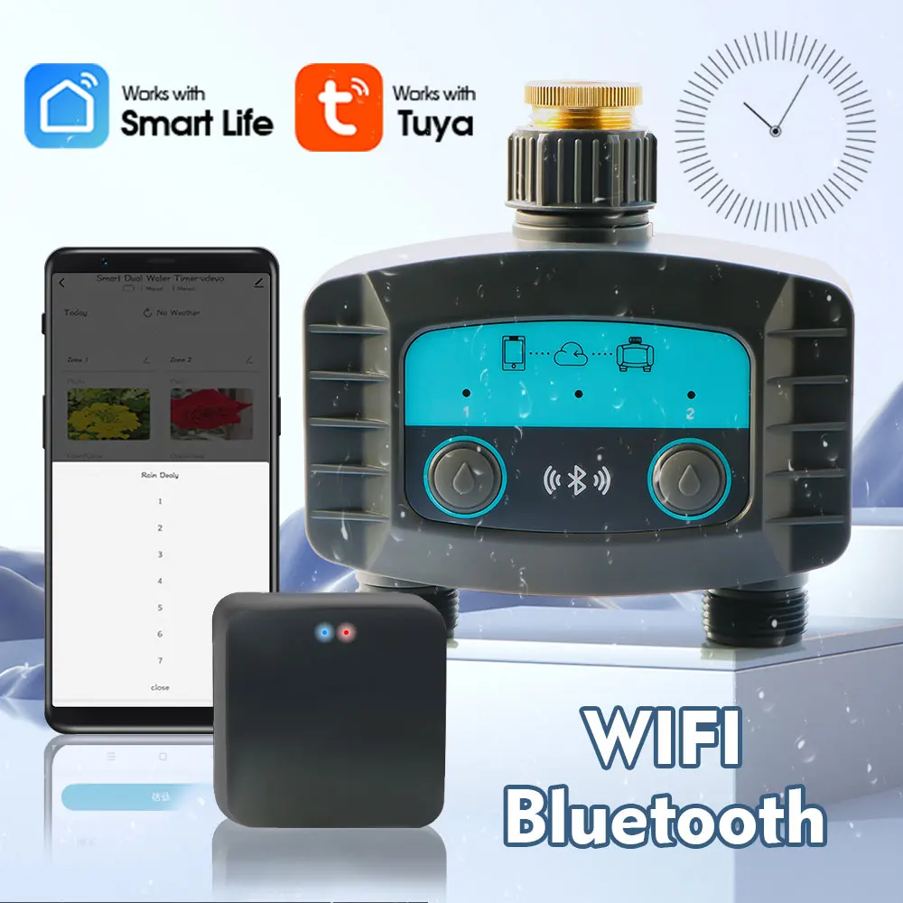 

2-way WiFi/Bluetooth-compatible Garden Smart Water Timer Solenoid Valve Irrigation Controller for Wireless Phone Remote Watering