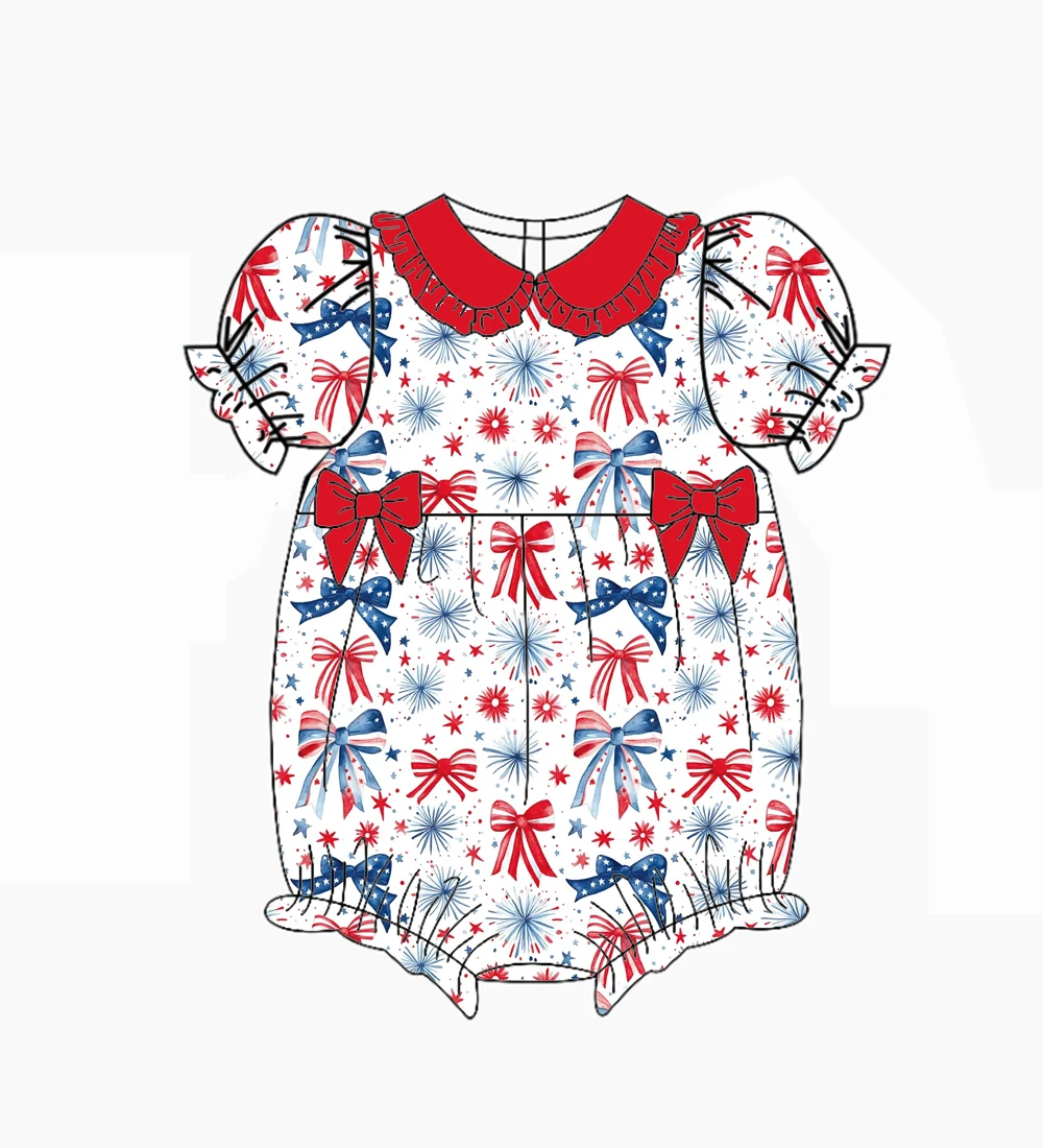 4th July Baby kids Patriotic Jon Jon Romper Puff Sleeve Ruffle Collar Bow Accent Red White Blue USA Flag Firework Print Custom