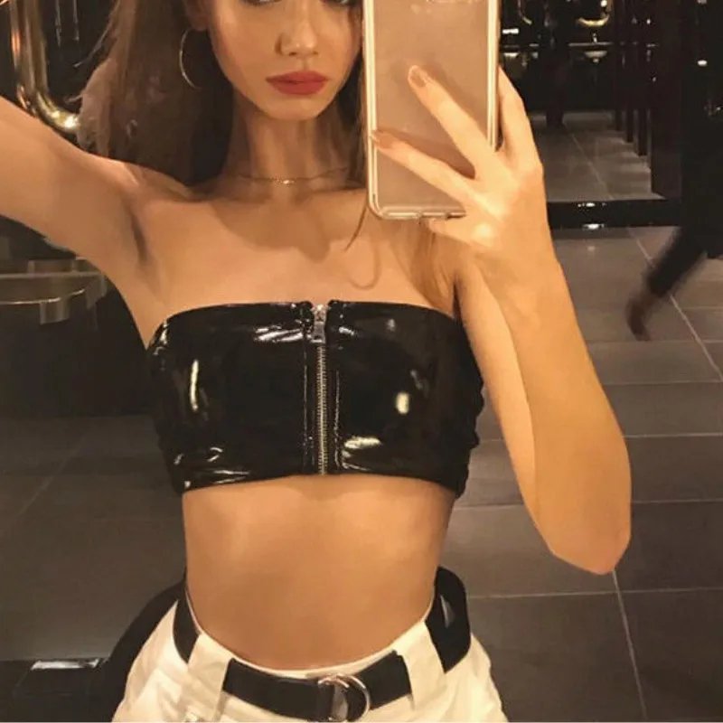 New Zipper Leather Tube Tops Sexy Women Strapless Boob Tube Tops Bra Summer Zipper Bandeau Crop Top Lady Clubwear Shirt