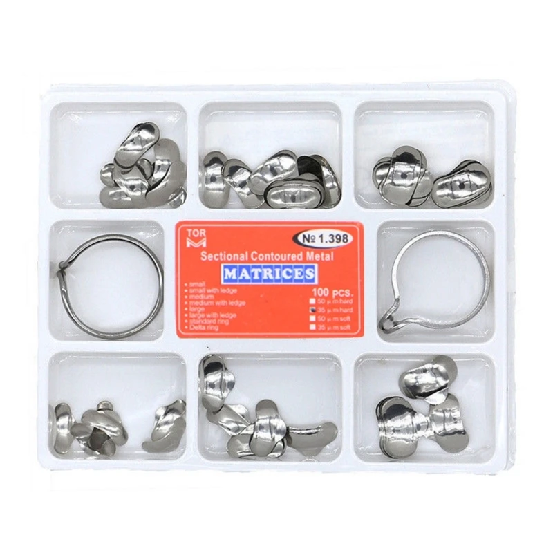 Y1UF 100Pcs Dental Sectional Contoured Metal Matrices 2 Rings To Fill Tooth Gifts