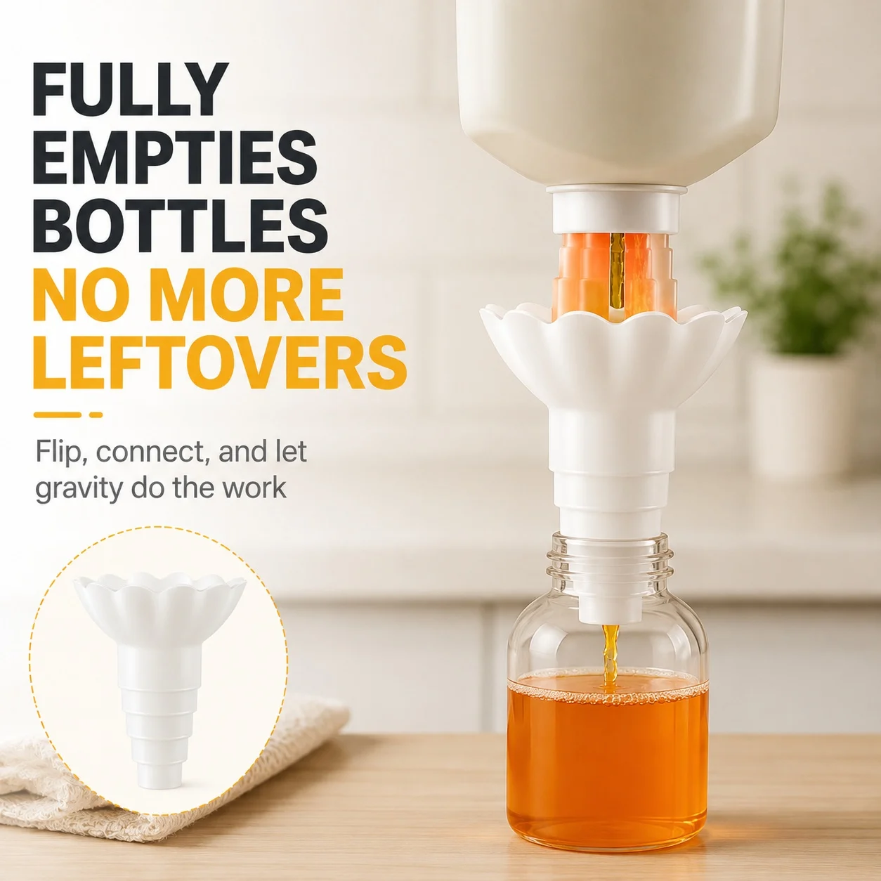 Universal Bottle Emptying Kit - Reusable Liquid Transfer Connector with No Waste Funnel Adapter, Compatible with Soap, Shampoo