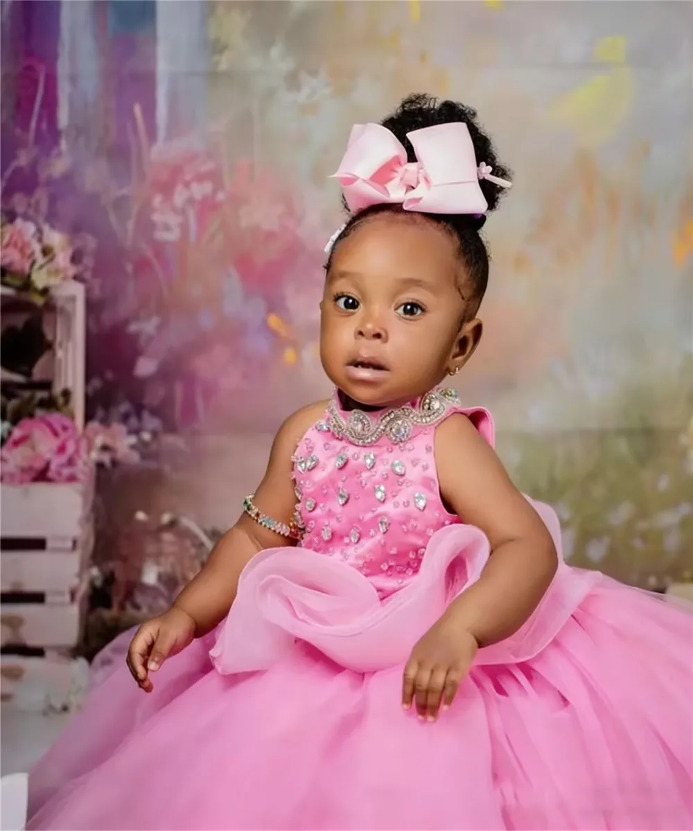 Robe de mariée de luxe rose à fleurs pour filles, sans manches, à paillettes, pour petite fille, soirée d'anniversaire, robe de sainte Communion personnalisée