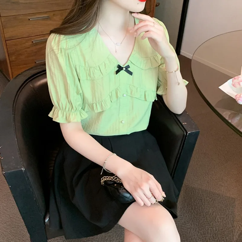 Summer French Chiffon Shirt Pullover V-neck Panel Button Wooden Ear Edge Fashion Solid Color Western Leisure Short Sleeved Tops