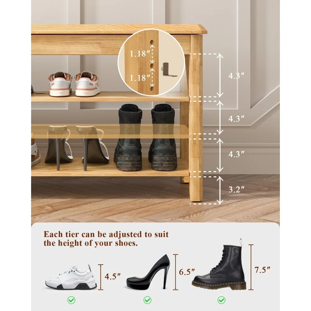 مقعد تخزين من الخشب المطاطي الحديث من منتصف القرن مع رف أحذية، سعة 550 رطل، تصميم مدمج للمدخل والممرات