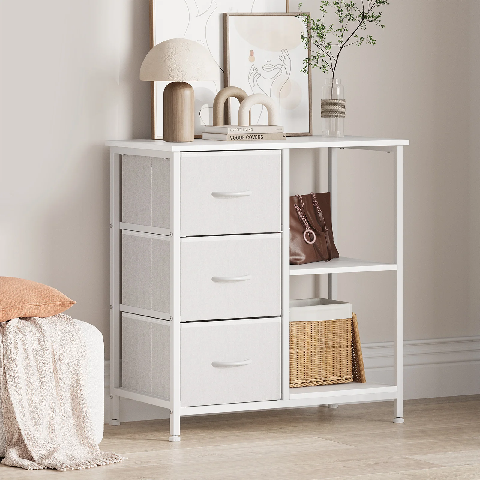 

Small Bedside Cabinet Printer Night Stand Side End Table Filing Table with 3 Fabric Drawers Open Storage Shelf for Home Office