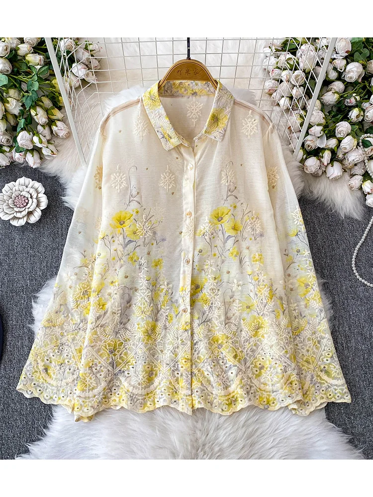 Women's Spring Shirt Korean Version Advanced Embroidery Printed Lapel Long Sleeved Shirt Loose Slimming Shirt Sheer Top BL208