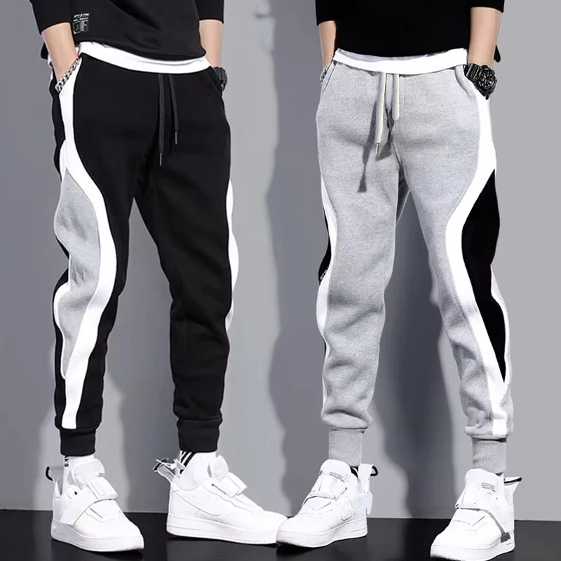Autumn Men's Wide Loose Casual Pants Mens Patchwork Nine-point Sports  Elastic Rope Breathable Tie-foot Trousers