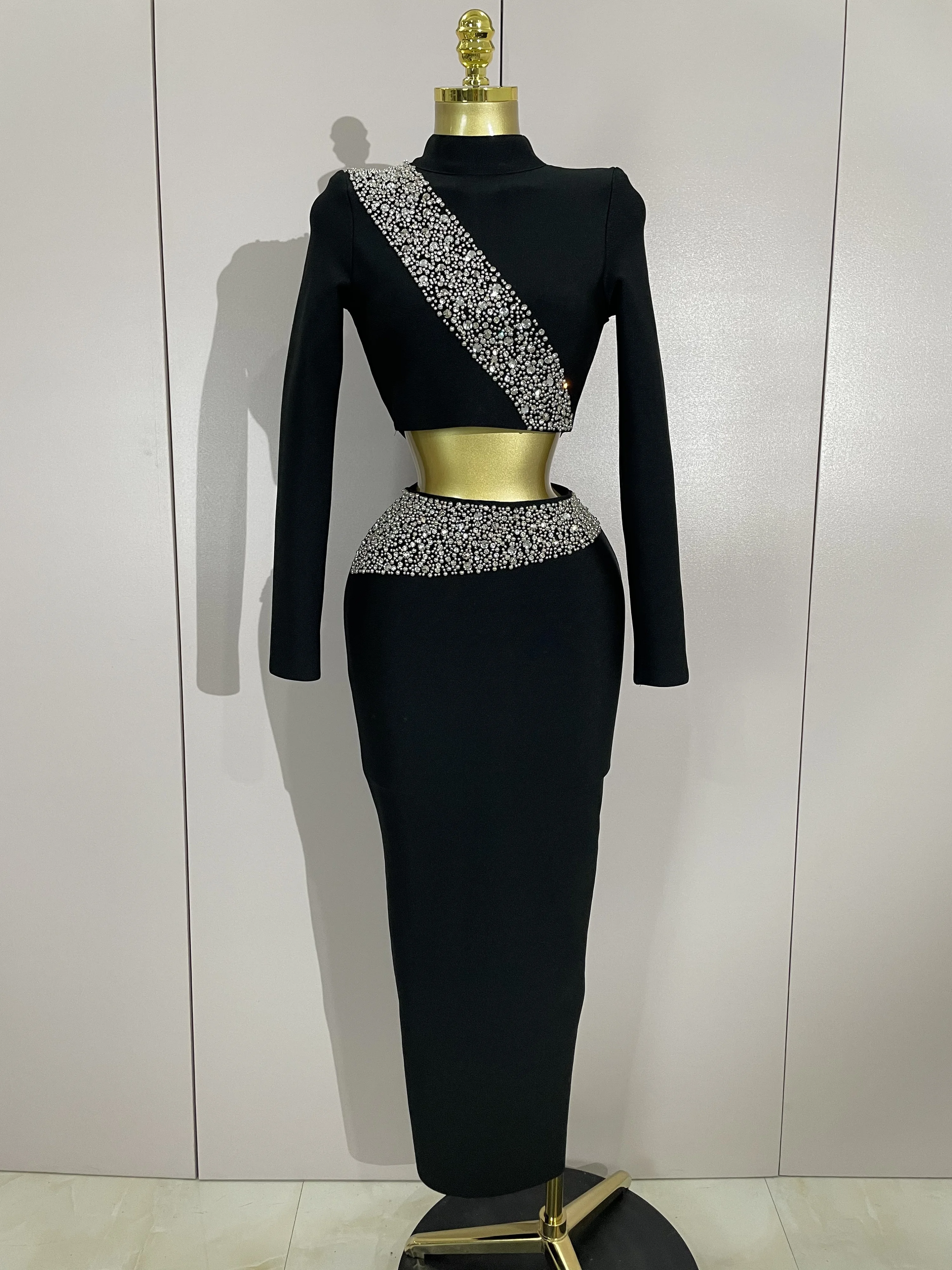 Sexy Sparkly Strass Perle Zwei Stücke Lange Bandage Rock Hohe Qualität Frauen Elegante Promi Abend Geburtstag Party Kleid
