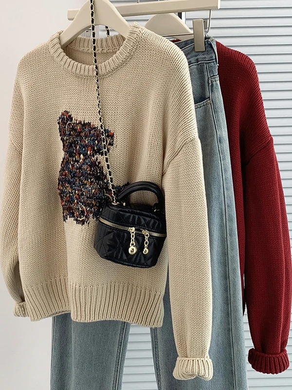 

Теплый шерстяной вязаный свитер с медвежьим узором, свободный крой, длинный свек, круглый, Ne для поездок на работу, осень-зима, модная женская...