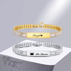 Vnox Free Personalized ID Bracelets for Women,Custom Name Love Valentine's Day Gifts Wristband with Luxury CZ Stone Link Chain