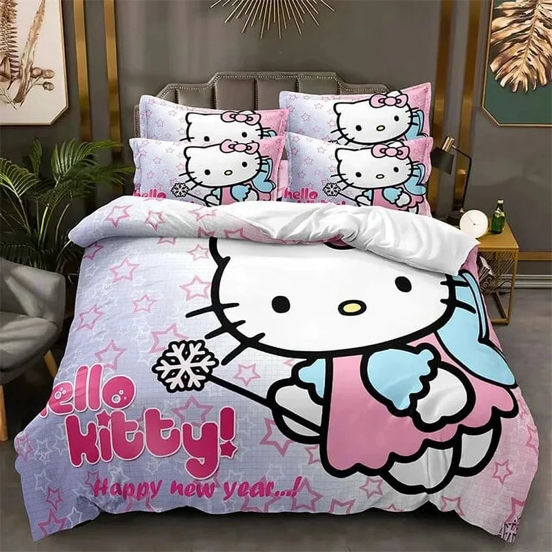 Funda nórdica de Hello Kitty, edredón de costura de varias piezas, patrón lindo 3d, adecuado para niños y niñas, juego de cama, decoración de habitación