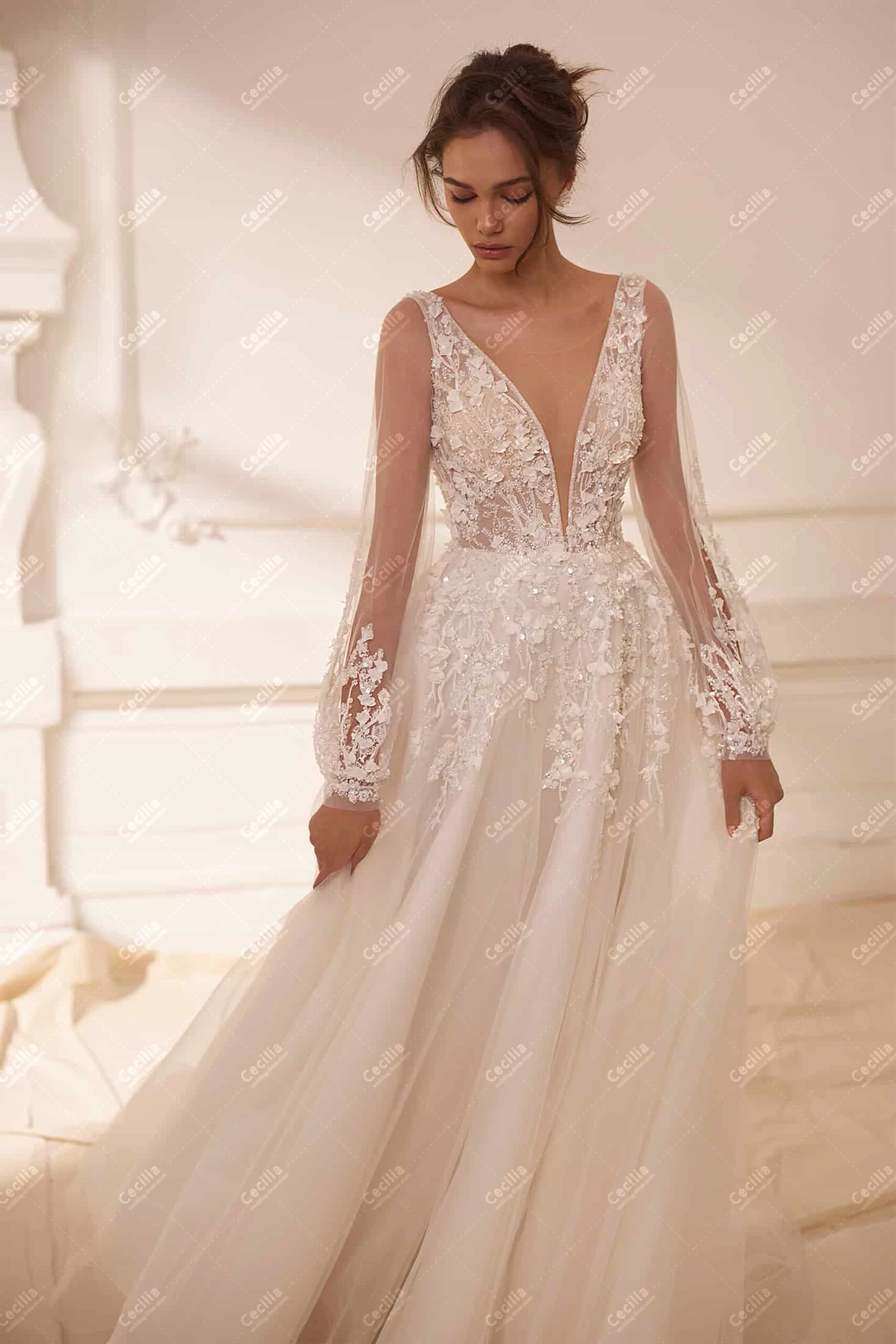 Elegant Wedding Dresses A Line Full Sleeves Deep V Neck Robes For Women свадебное платье Elegant Vestidos De Novia Customized