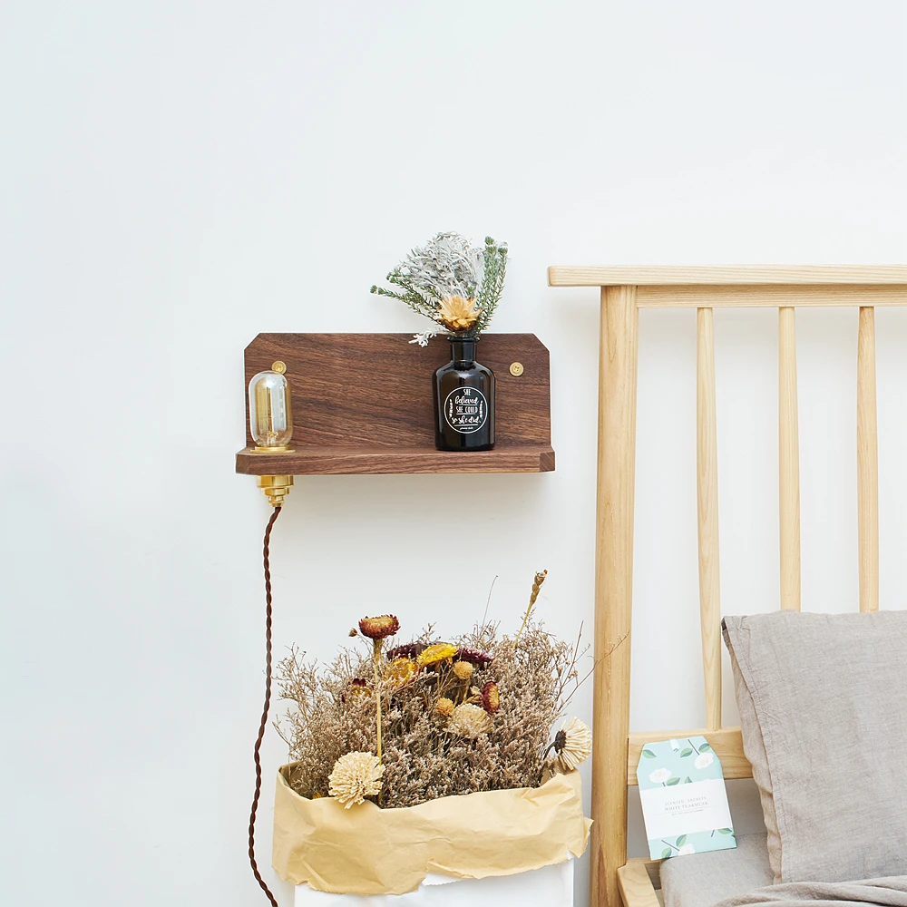 Vintage brass wall lamp, black walnut Nordic literature, Japanese style aisle, hallway, bedroom solid wood bedside lamp