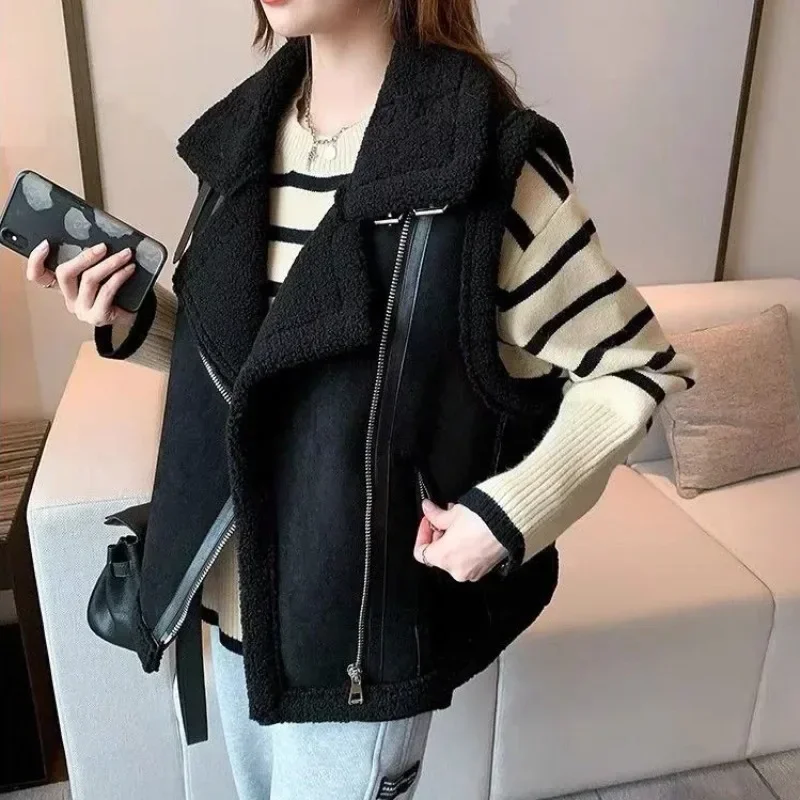 Splicing Solid Color Lamb Plush Lady Giletes Cold New Outerwear Pretty Insulated Women's Vests Korean Style Working Demi-season