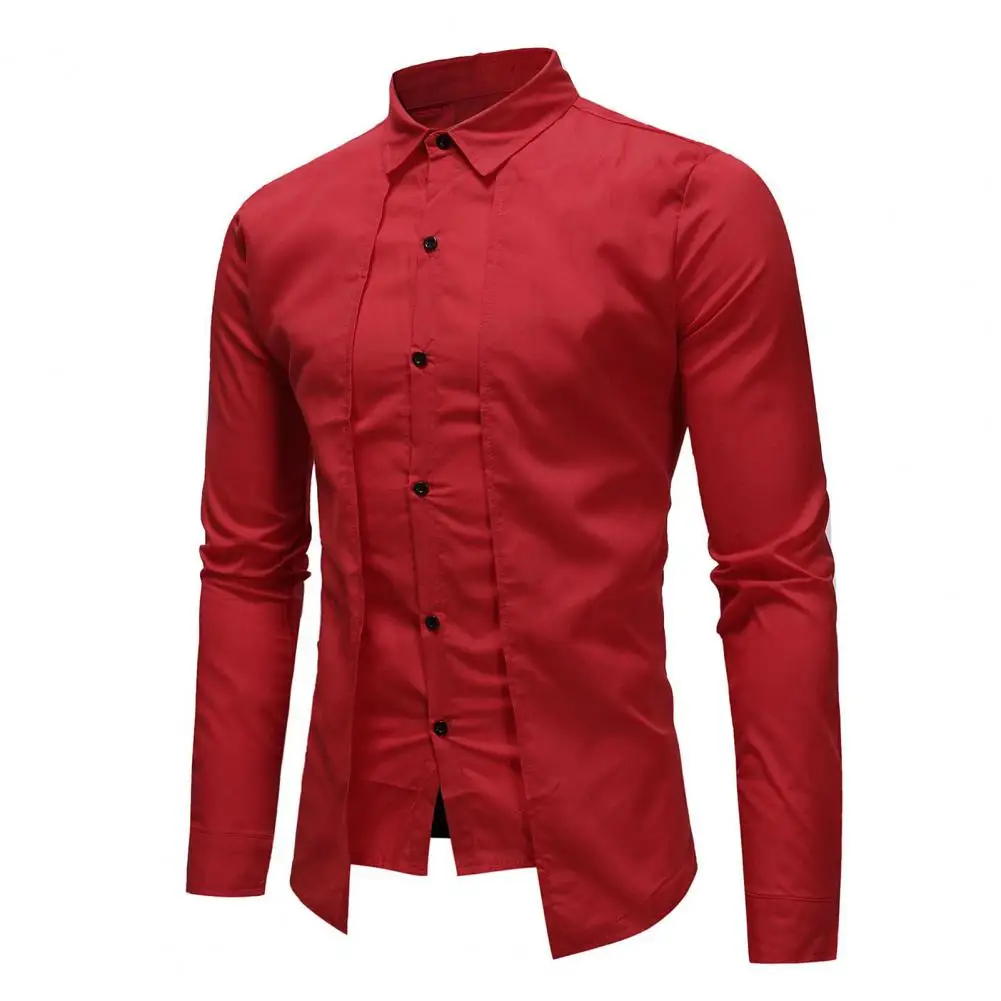 Men Shirt Lapel Single Breasted Solid Color Fake Two Pieces Long Sleeve Shirt For Work