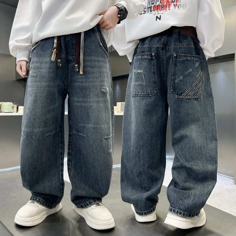 New Stylish Kids Luxury Y2K Carpenter Baggy Jeans for Teen Boys Casual Spring Autumn Denim Pants Children Fashion Wide Trousers