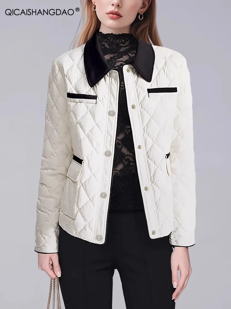 Chaqueta de plumón blanca con cuello puntiagudo para mujer, abrigo de plumón de pato blanco corto y grueso cálido, Tops informales Vintage para Otoño e Invierno