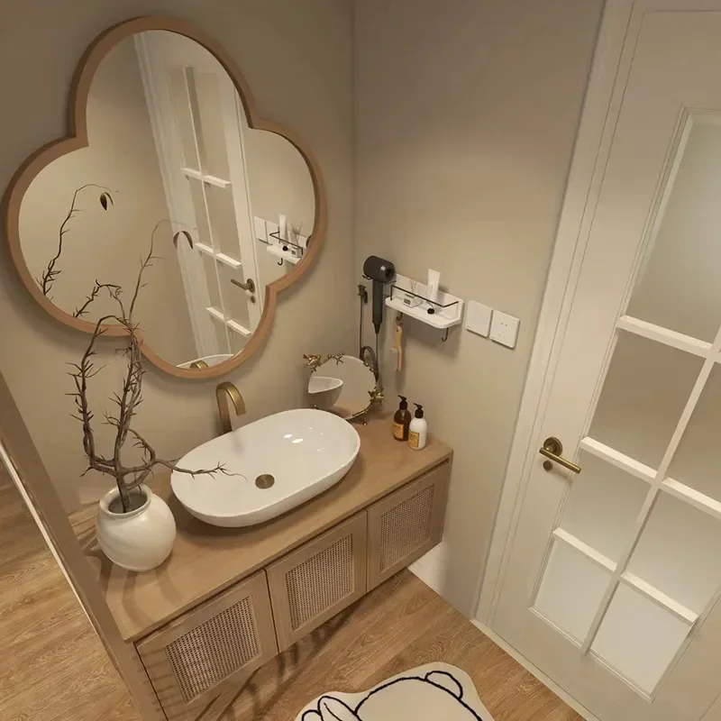 Japanese Wabi Sabi Style Ceramic Integrated Basin with Rattan Bathroom Cabinet Combo Log Wind Washbasin Vanity Unit for Home