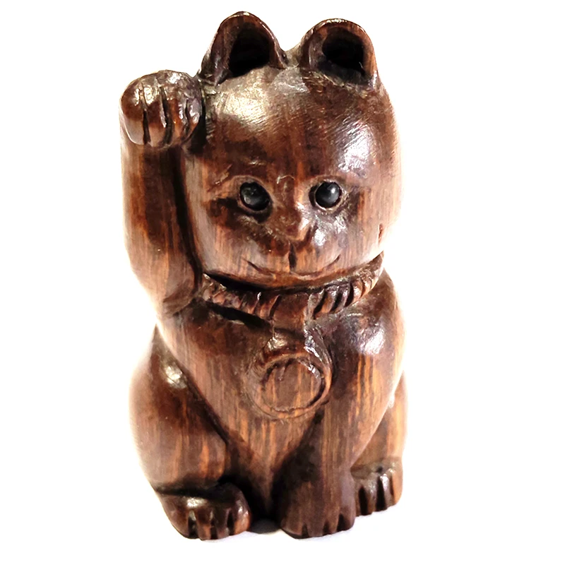 

F015 - 30 Years OLD 2" Collectible Hand Carved Ebony Ironwood Netsuke - Wealthy Cat