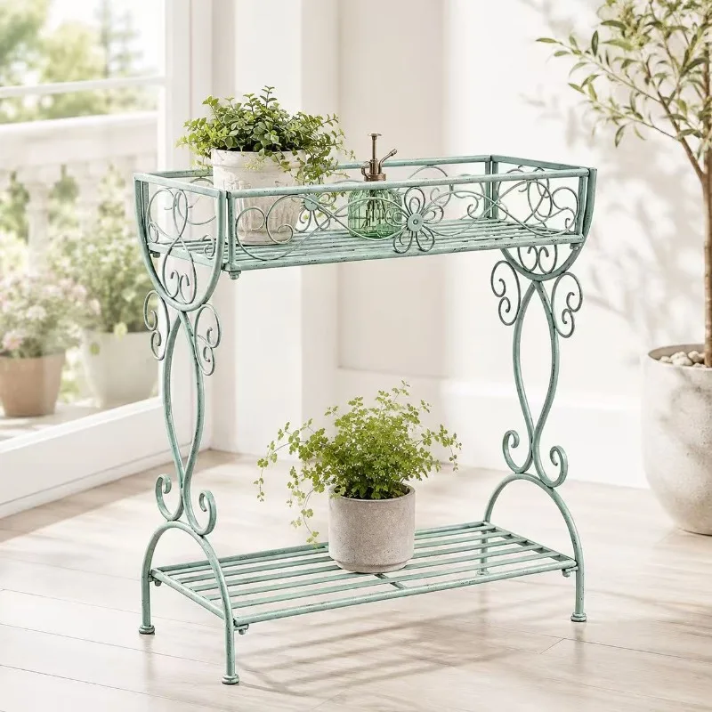 Retro old mint green double-layer wrought iron flower stand, European-style curled flower balcony courtyard floor-to-ceiling