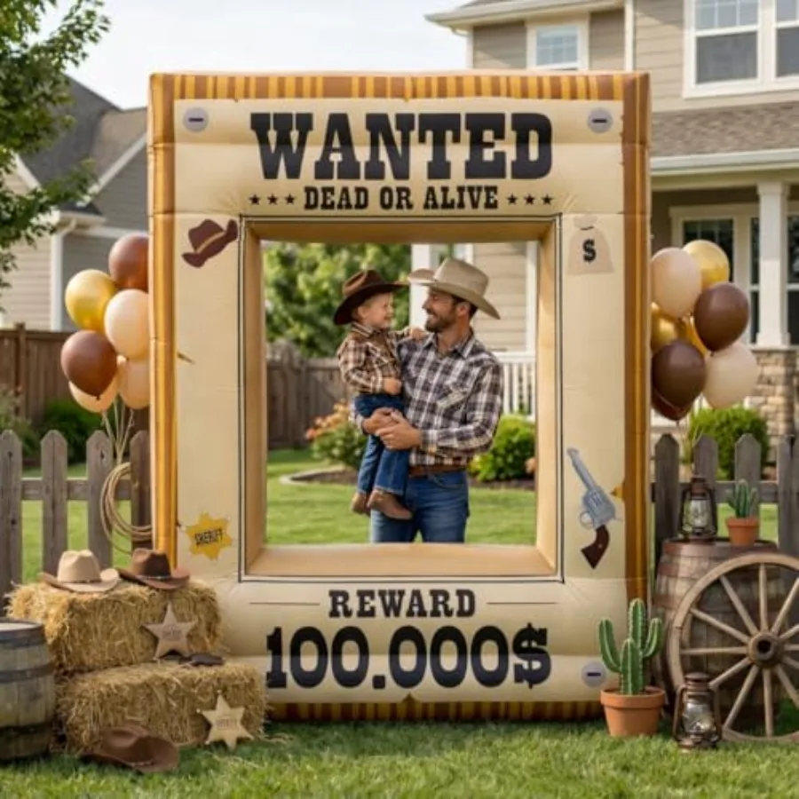 

Western Party Decorations 7FT Inflatable Wanted Poster Frame, Rodeo Party Decorations, Wild West Party Backdrop with Western Ph