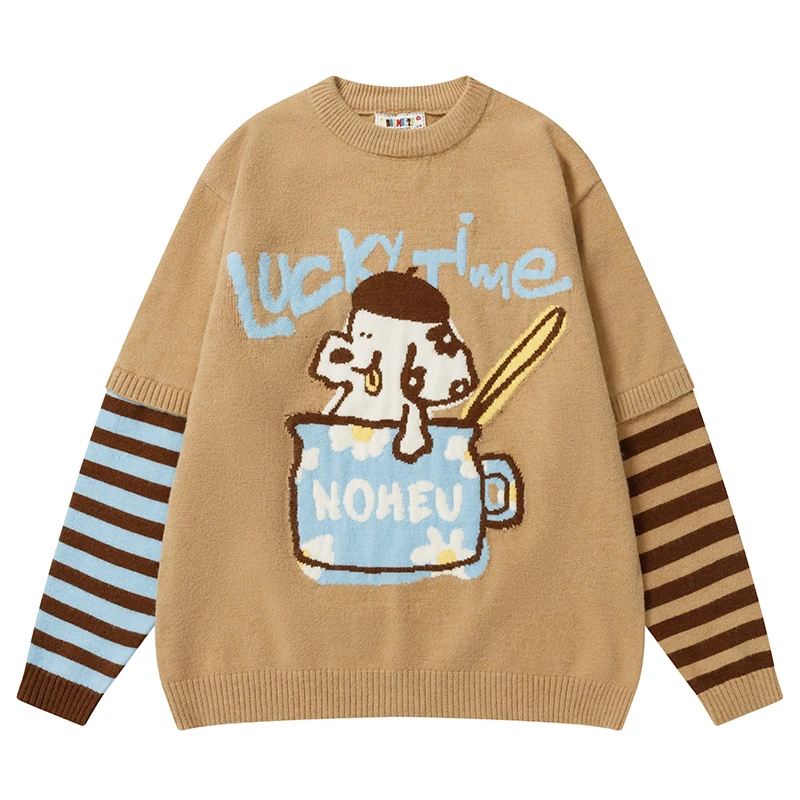 

Kawaii свитер с рисунком собаки, женский осенне-зимний пуловер Harajuku, милый вязаный джемпер в полоску с рукавами, повседневный трикотаж большого размера