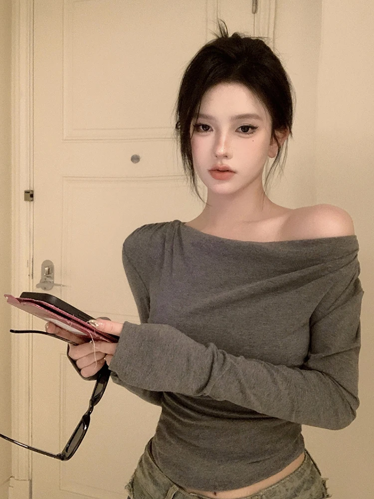 STSVZORR Spicy Girl One Shoulder Long Sleeve T-Shirt Women Autumn Strapless Tight Slim Clavicle Irregular Y2K Short Tops