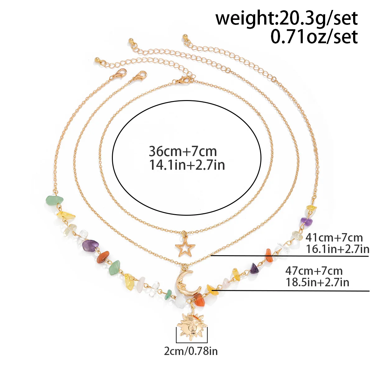 Retro Moon, Sun, Star Pendant Necklace 2024 Women\'s Multi layer Gold Color Metal Colored Stone Weaving Girls\' Fashion Jewelry