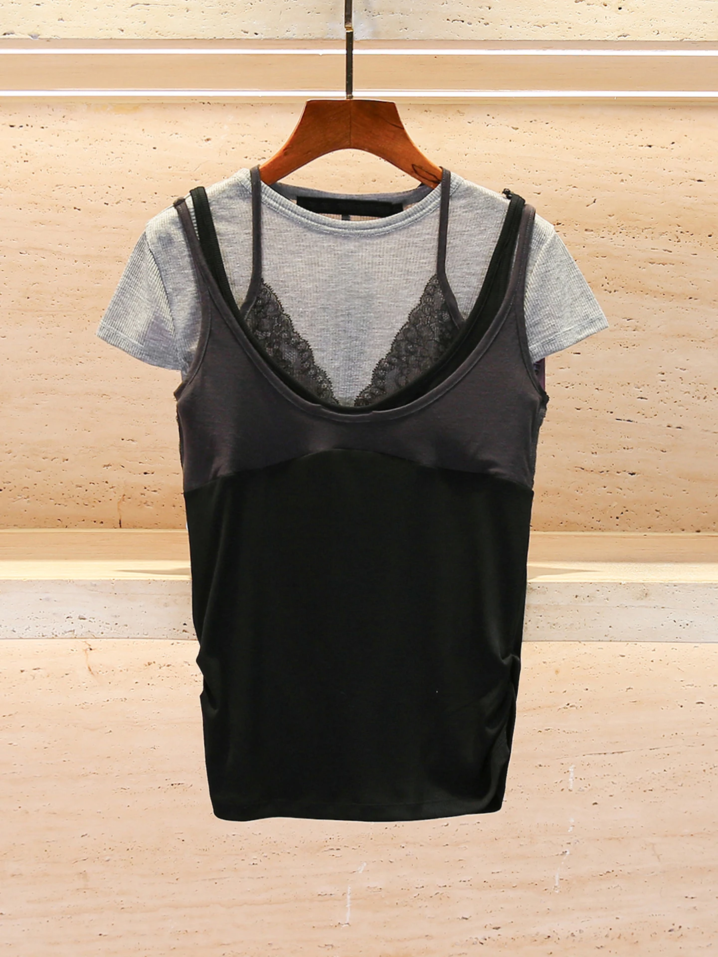 

High-End Women's Lace Crop Top T-Shirt Two-Piece Set Spring Summer Commute Style Slim Fit Short Sleeve round Neck Breathable