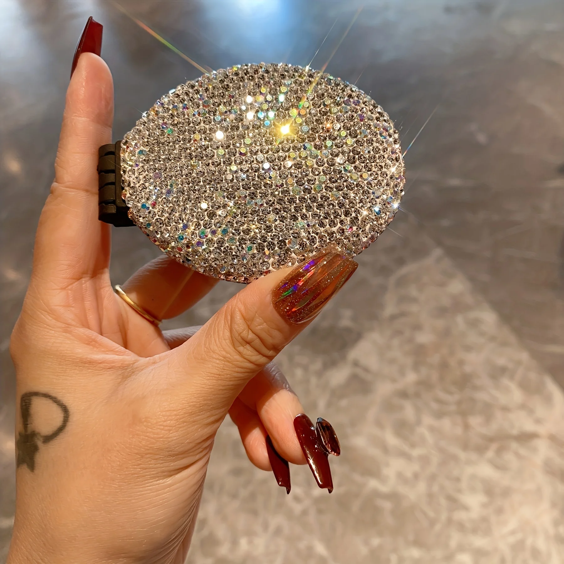 Oval air cushion folding comb artificial diamond-set mini with mirror portable hair comb