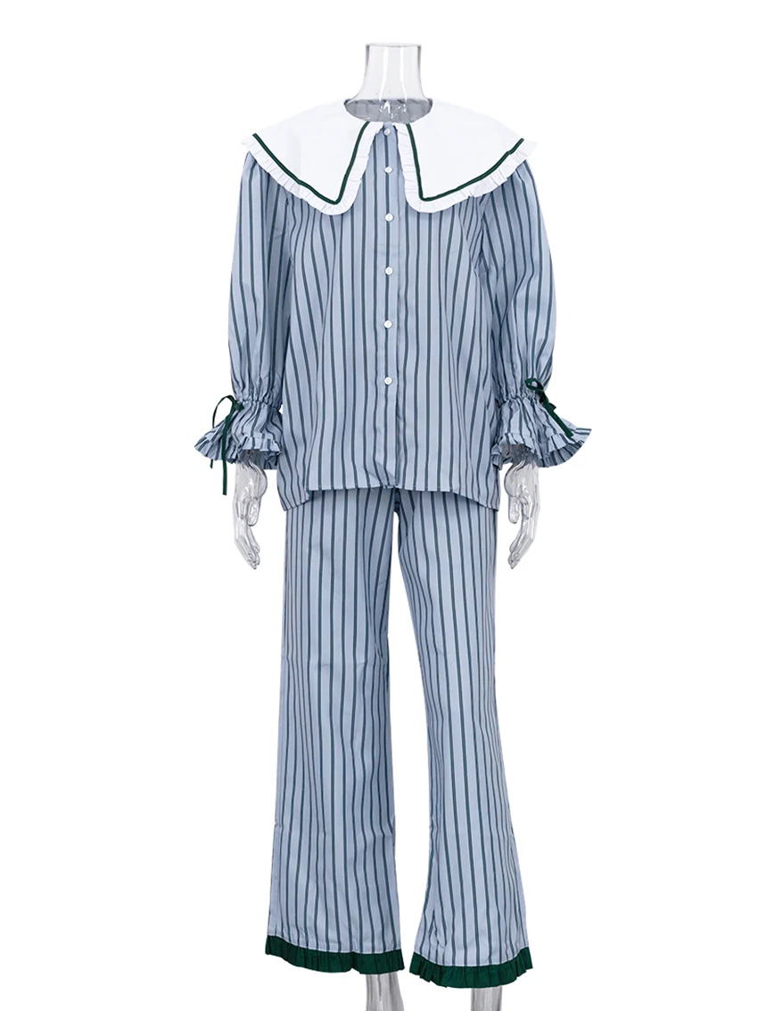 Marthaqiqi ملابس نوم فضفاضة للسيدات مكونة من قطعتين بيجامة بياقة مقلوبة وأكمام طويلة طقم ملابس نوم مخططة للسيدات #4