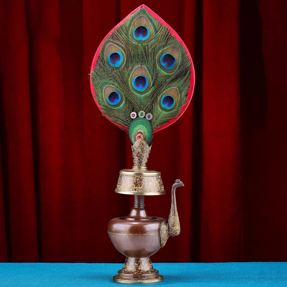 

Nepal Holy Water Copper Water Purification Kettle,Buddhism Peacock Eye Exquisite Feather Satin Buddhist Item Altars Decorative
