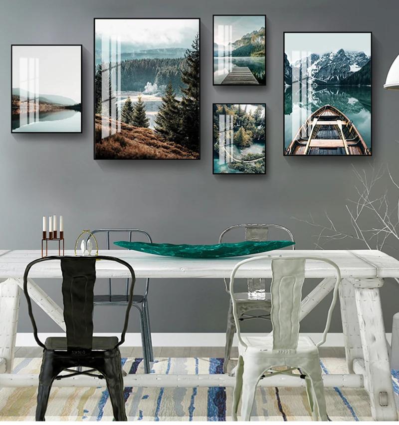 Scandinavian Nature Landscape Wall Art Poster Mountain Lake Boat Print Nordic Painting Decorative Picture Modern Home Decorat