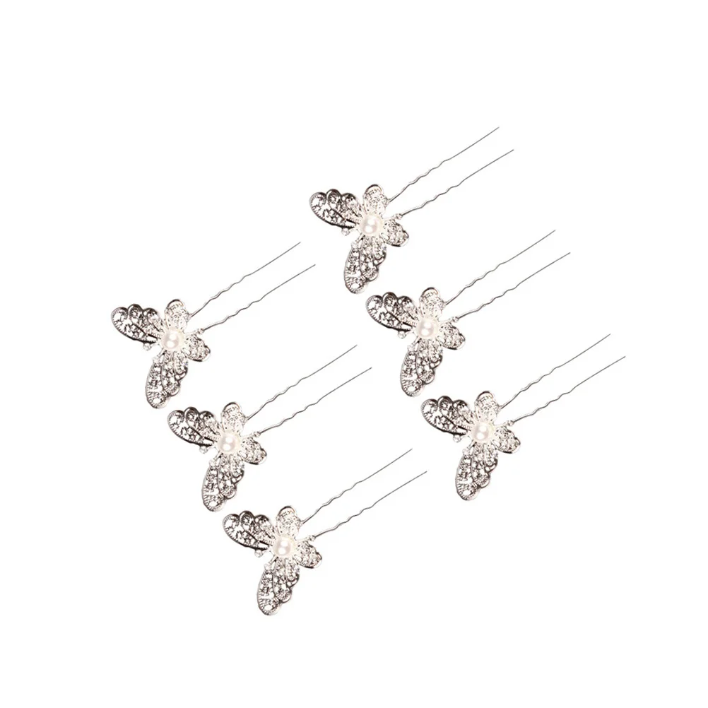 

6pcs U Shape Hairpins Alloy Silver Vintage Rhinestone Pearl Butterfly Bridal Hair Stick For Women Party Wedding Updo Hair